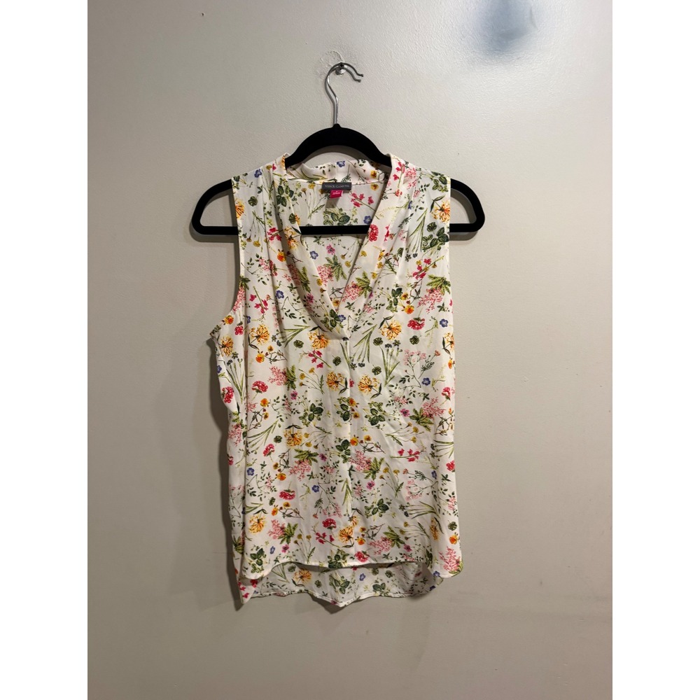 Vince Camuto Womens White Floral Wildflower V-Neck Sleeveless Blouse Top Small